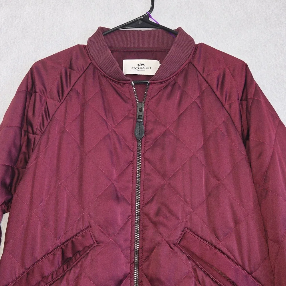 COACH New York Women Quilted Bomber Jacket Burgundy F86472 Size S Leather Trim
